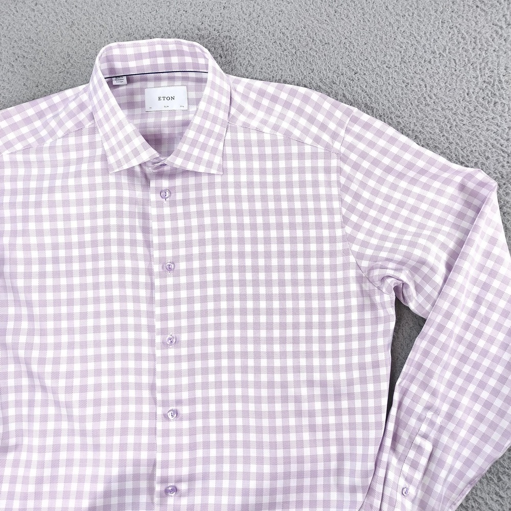 Eton Dress Shirt Mens 17.5 44 Purple Gingham Slim Fit Spread Collar Cotton